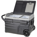 35L BRASS MONKEY PORTABLE DUAL ZONE FRIDGE AND FREEZER WITH SOLAR CHARGER BOARD PLUS HANDLES  WHEELS AND SUPPORT REMOVABLE BATTERY